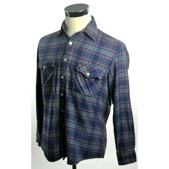 WOODLAND Men's Long Sleeve Button‎ Front Flannel Shirt SIZE MEDIUM Navy Plaid - Picture 2 of 6